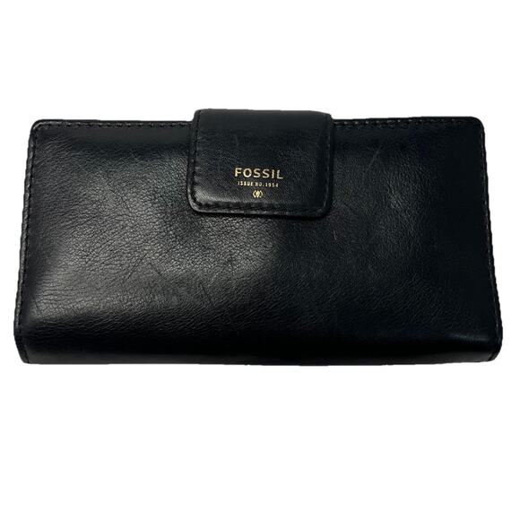FOSSIL Logan Tab Clutch Wallet Black Gold Metallic Shiny Interior Leather - Picture 1 of 11